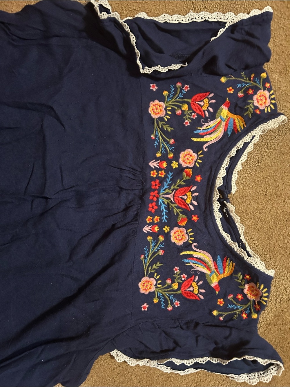 Navy Embroidered Floral & Bird Sleeveless Top
